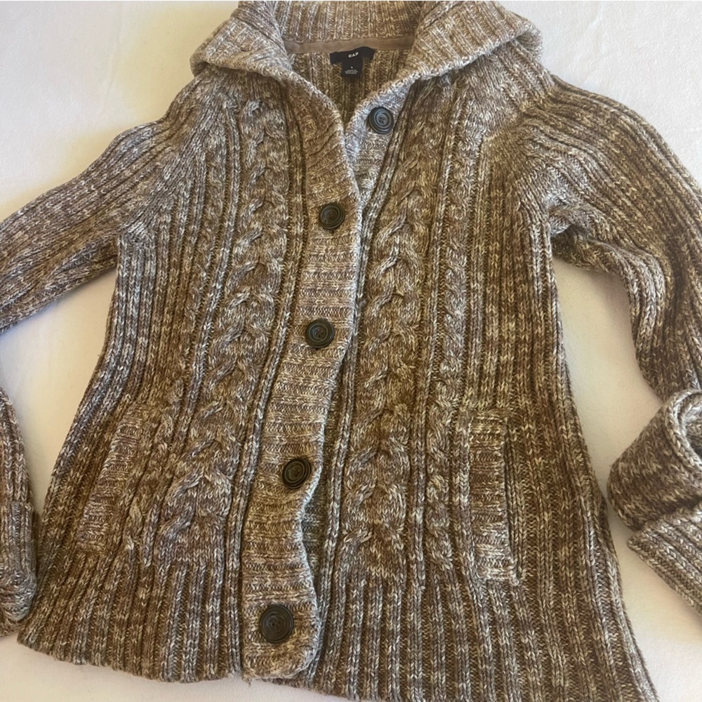 Chunky Cable Knit Cardigan Sweater L Brown Cotton Blend Grandpa Fisherman GAP